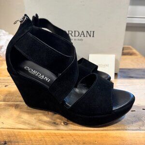 Cordani Open Toe High Wedge Sandal; Ravi Black Suede, Back Zipper, Size 39 (8.5)